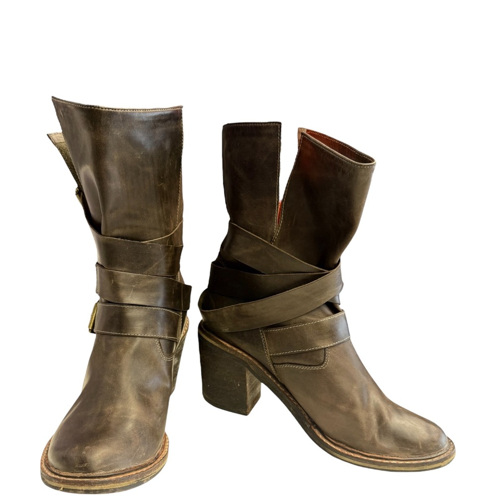 Jeffrey Campbell‎ Womens Ibiza Last Brown Leather 2 Buckle Heeled Boots 8